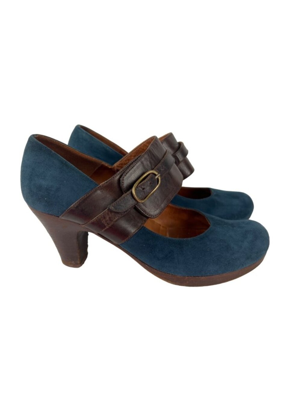 Chie Mihara Womens Blue Suede & Brown Leather Mary Jane Heels US 8-8.5